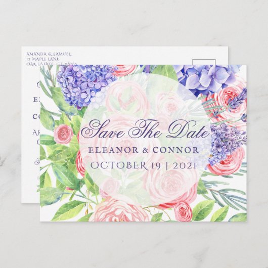 薄紫と牡丹洗練された結婚式招待状 案内ポストカード (正面/裏面)