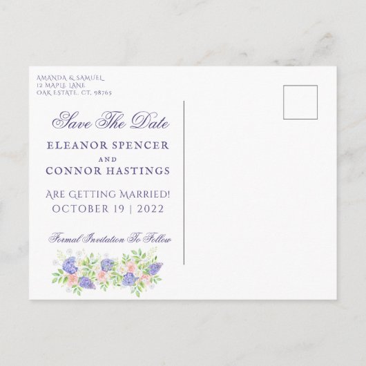 薄紫と牡丹洗練された結婚式招待状 案内ポストカード (裏面)