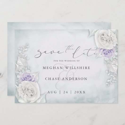 薄紫と白のShimmeryバラ日付を保存 (正面/裏面)