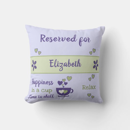 薄紫と紫色のコーヒー愛好家とハートと名前 クッション