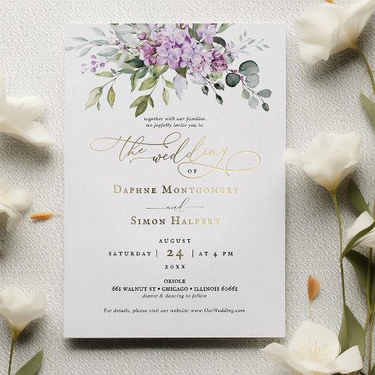 薄紫と緑結婚色の紫色のフォイルのアクセント 箔招待状