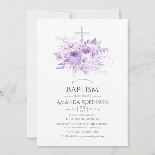薄紫と銀のフローラバプテスマまたは《キリスト教》洗礼式や命名式 招待状 (正面)