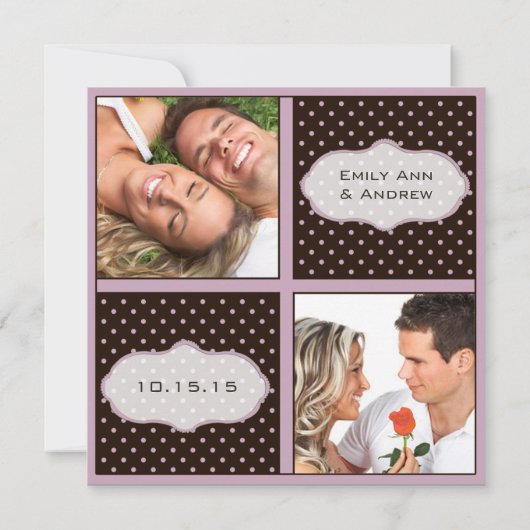 薄紫のドットと結婚渦巻きの写真の日付を保存 招待状 (裏面)