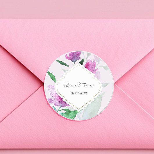 薄紫のユニークな水彩アートの花 ラウンドシール