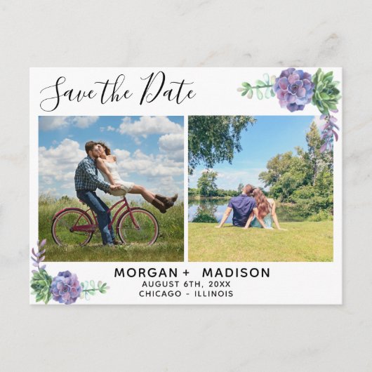 薄紫の多肉写真の保存日付 案内ポストカード (正面)