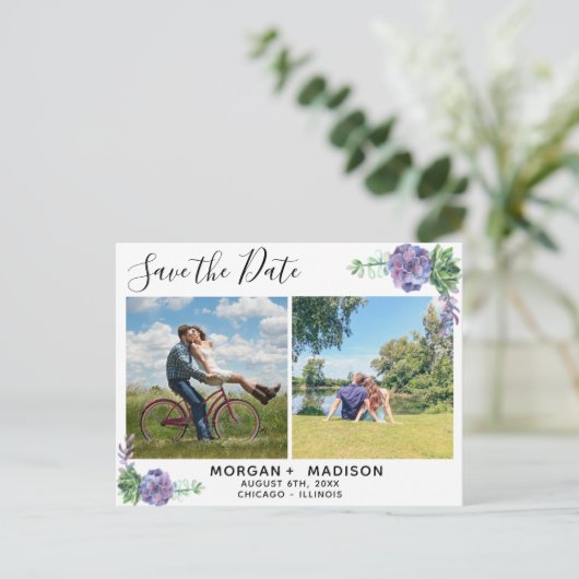 薄紫の多肉写真の保存日付 案内ポストカード (スタンド正面)