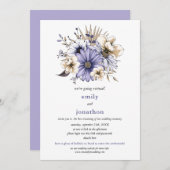 薄紫の水彩フローラの葉の仮想結婚の 招待状 (正面/裏面)