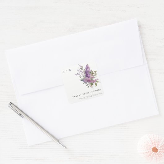 薄紫の水彩画の別荘 フローラ ブライダルシャワー スクエアシール (封筒)