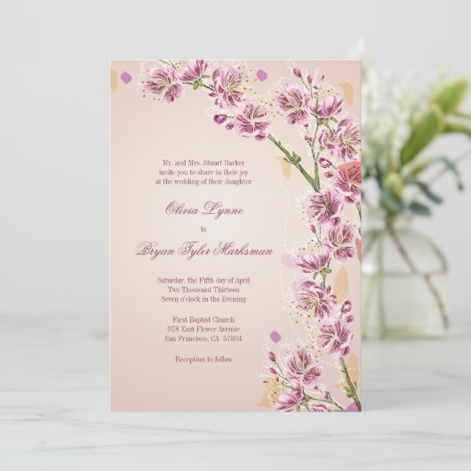 薄紫の紫色の水彩画によっては結婚式招待状が開花します 招待状 (スタンド正面)