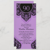 薄紫の紫色の第90誕生会の黒いダマスク織 招待状 (正面/裏面)