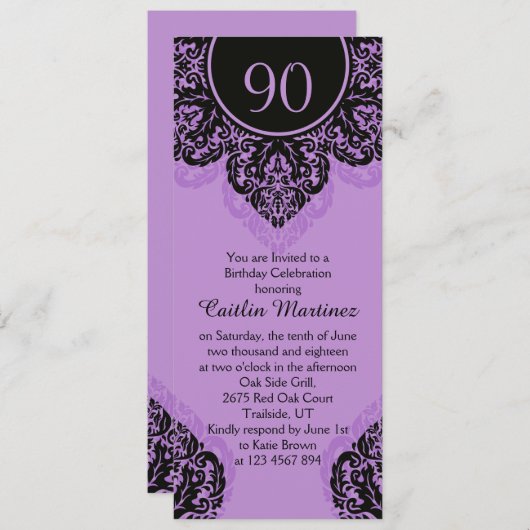 薄紫の紫色の第90誕生会の黒いダマスク織 招待状 (正面/裏面)