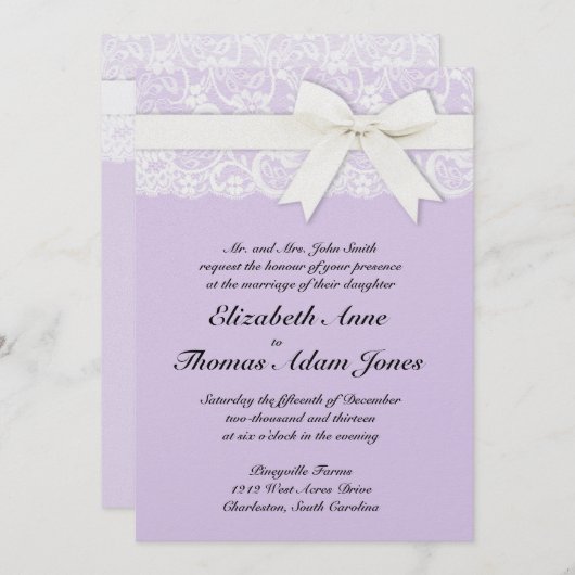 薄紫の結婚式招待状の白いレース 招待状 (正面/裏面)