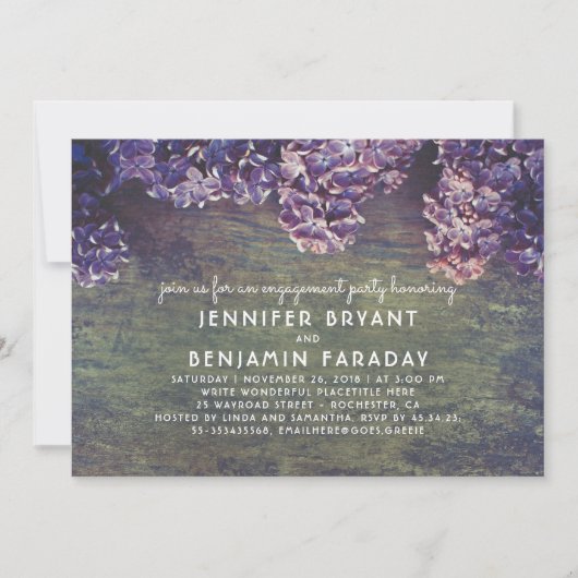 薄紫の花の素朴な木製の婚約パーティ 招待状 (正面)