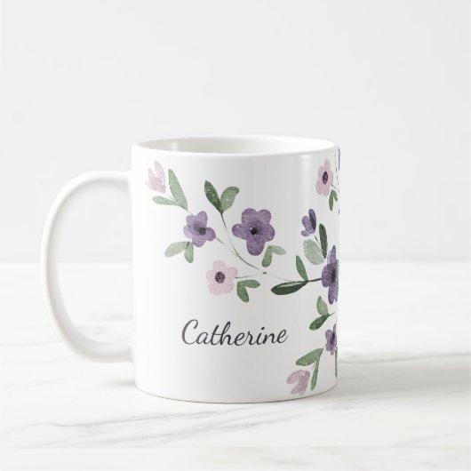 薄紫の花パーソナライズされた名 コーヒーマグカップ (左)