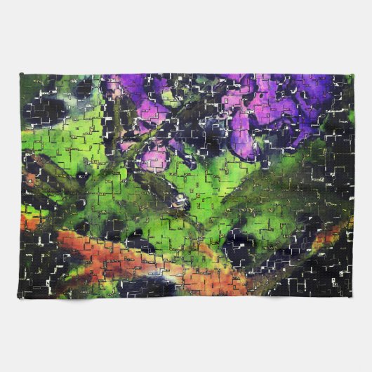 薄紫の花葉とモザイクで刻まれた熟成 キッチンタオル (横)