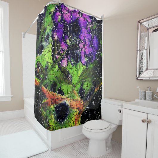 薄紫の花葉とモザイクで刻まれた熟成 シャワーカーテン (インサイチュ)