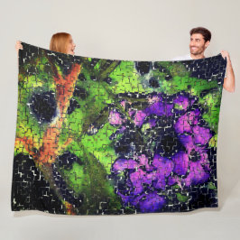 薄紫の花葉とモザイクで刻まれた熟成 フリースブランケット