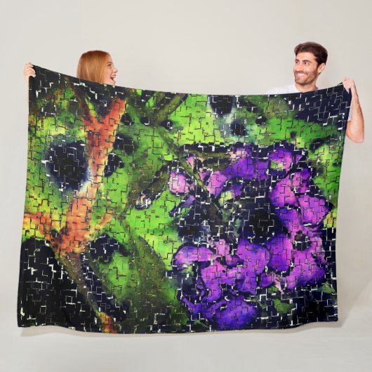 薄紫の花葉とモザイクで刻まれた熟成 フリースブランケット (インサイチュ)