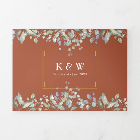 薄紫の葉テラコッタモノグラム結婚写真 三つ折り招待状 (カバー)