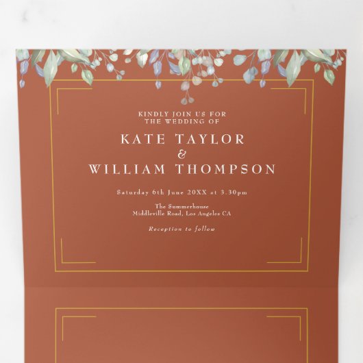 薄紫の葉テラコッタモノグラム結婚写真 三つ折り招待状 (内部最初)