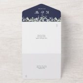 薄紫の葉ネイビーブルーモノグラム結婚ズ オールインワン招待状 (外側)