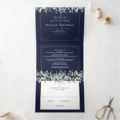 薄紫の葉ネイビーブルーモノグラム結婚写真 三つ折り招待状 (内部)