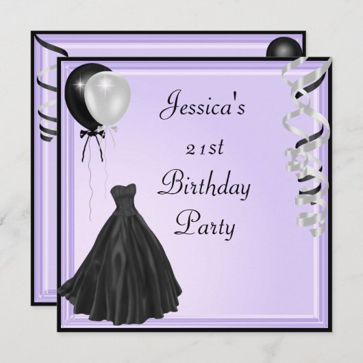 薄紫の銀製の黒い気球のフォーマルな第21誕生日 招待状 (正面/裏面)