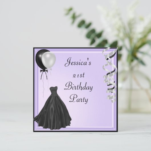 薄紫の銀製の黒い気球のフォーマルな第21誕生日 招待状 (スタンド正面)