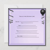薄紫の銀製の黒い気球のフォーマルな第21誕生日 招待状 (裏面)