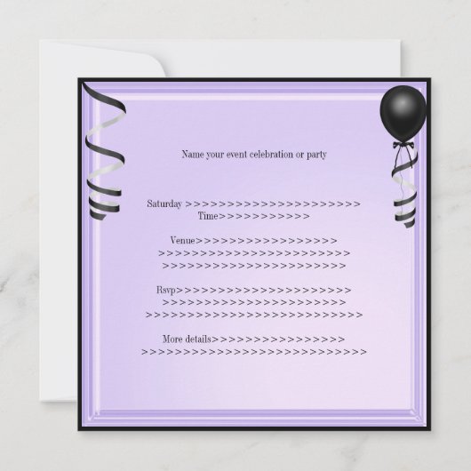 薄紫の銀製の黒い気球のフォーマルな第21誕生日 招待状 (裏面)