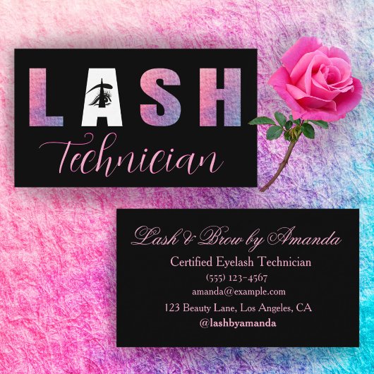 薄紫はっきりしたピンクラッッシュテックデザインブラック背景 名刺