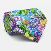 薄紫イエローブルーグリーンガーデン花パターン ネクタイ (ロール)