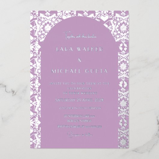 薄紫イタリアン幾何無地の図形 箔招待状 (正面)