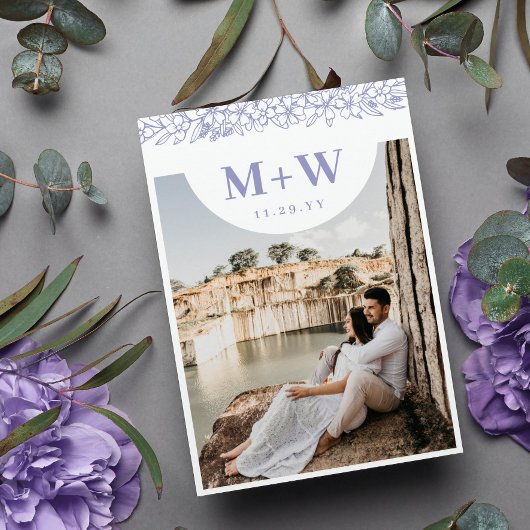 薄紫イニシャルと花モダン写真両面 セーブザデート