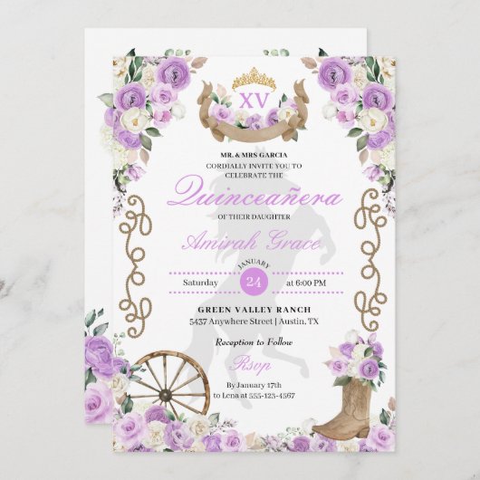 薄紫ウェスタン女性のカーボーイキンセアニラ招待状 招待状 (正面/裏面)