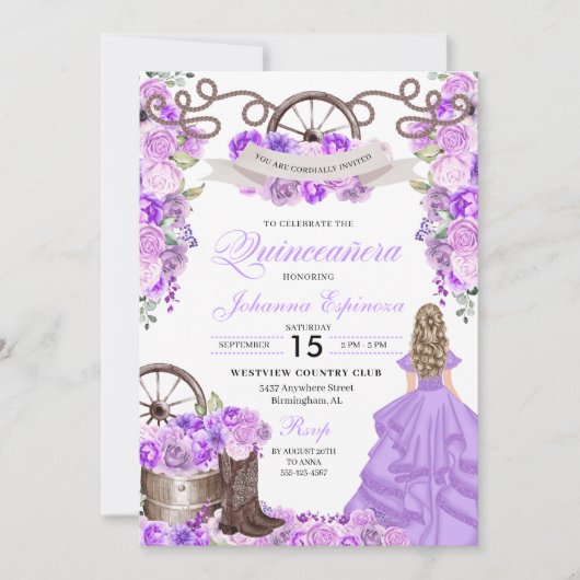 薄紫ウェスタン女性のカーボーイブーツランチェロキンセアニェラ 招待状 (正面)