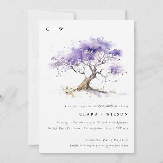 薄紫ウォーターカラージャカランダツリーカップルシャワー 招待状 (正面)