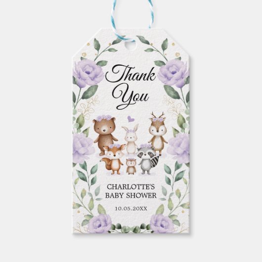 薄紫ウッドランドアニマルズフラワーリースベビーガール ギフトタグ (正面)