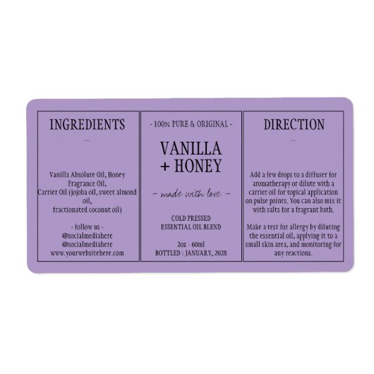 薄紫エッセンシャル油コスメティックボトルラップのまわりに ラベル (正面)