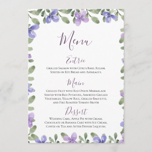 薄紫エレガントダスティブルーフローラウェディングレセプション メニュー (正面)