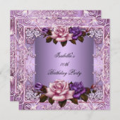 薄紫エレガントパープルピンクローズ70th誕生日パーティー 招待状 (正面/裏面)