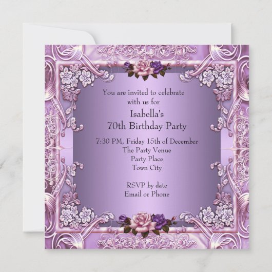 薄紫エレガントパープルピンクローズ70th誕生日パーティー 招待状 (裏面)