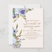 薄紫エレガントパープルフローラグリーンリースウィート16 招待状 (正面)