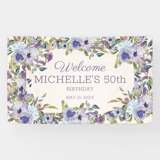 薄紫エレガントパープルフローラ緑50誕生日 横断幕 (横)