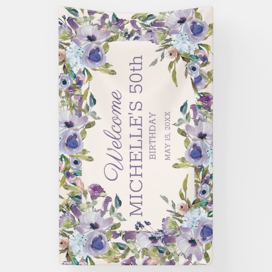 薄紫エレガントパープルフローラ緑50誕生日 横断幕 (縦)