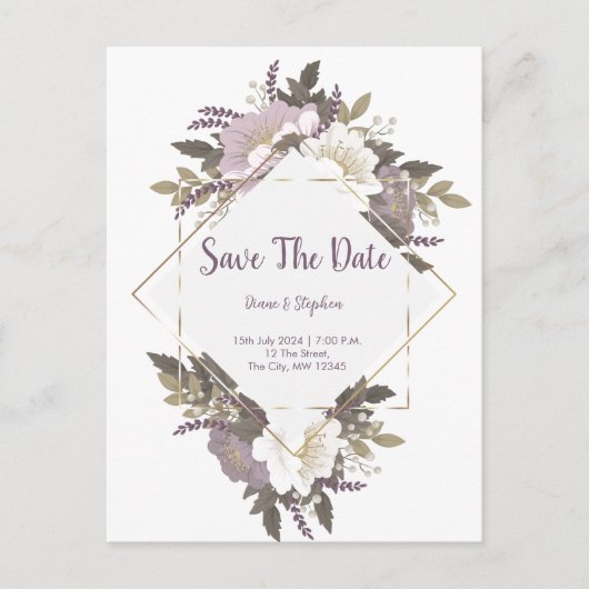 薄紫エレガントフラワー日付はがきを保存 ポストカード (正面)