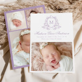 薄紫エレガントフローラクレストモノグラム4フォト誕生 案内状