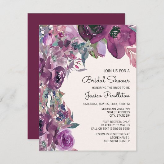 薄紫エレガントプラムパープルフローラブライダルシャワー 招待状 (正面/裏面)