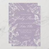 薄紫エレガントボホシックフローラガールベビーシャワー 招待状 (正面/裏面)