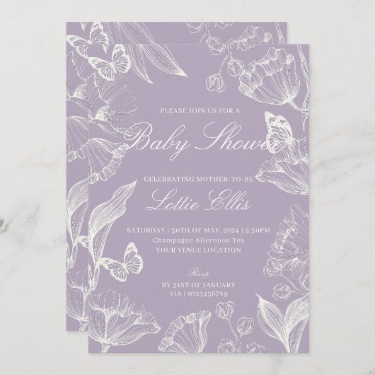 薄紫エレガントボホシックフローラガールベビーシャワー 招待状 (正面/裏面)